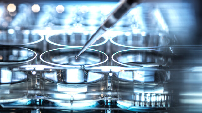 Pipetting sample into micro well plate while doing research on biotechnology - Powered by Adobe