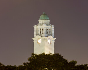 Singapore, Clock tower of Victoria Theatre and Concert Hall at night