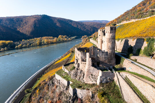 Ehrenfels castle by river at Hesse, Germany