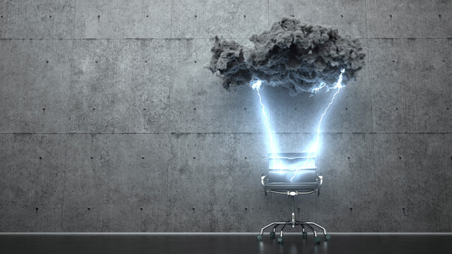 Three dimensional render of office chair struck by lightning from small storm cloud floating just above