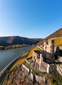 Ole Ehrenfels castle on hill under blue sky at Hesse, Germany