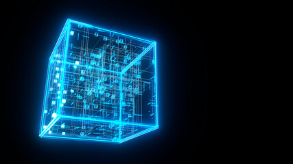 Three dimensional render of blue glowing blockchain cube