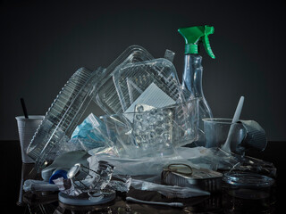 Studio shot of small heap of plastic and aluminum garbage