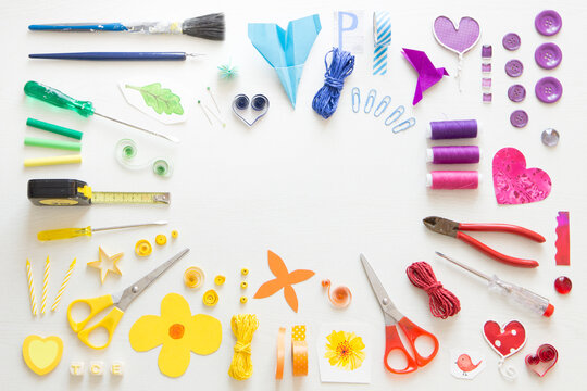 Colorful arrangement of various tools and sewing items