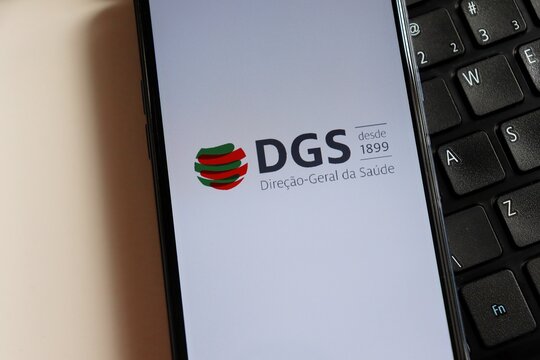 Bahia, Brazil - February 10, 2021. Dire&ccedil;&atilde;o-Geral da Sa&uacute;de (The Directorate-General of Health - DGS) logo on smartphone screen. Concept of Covid-19 in Portugal.