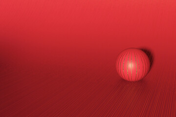 Three dimensional render of red striped sphere lying against red background