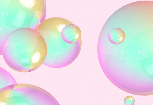 Three dimensional render of bubbles floating against pink background