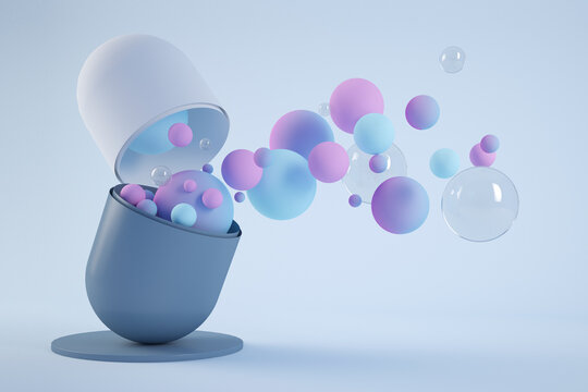 Three dimensional render of various bubbles floating out of opened capsule