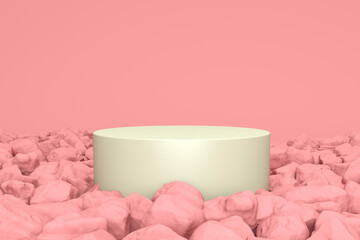 Three dimensional render of empty podium surrounded by pink rocks