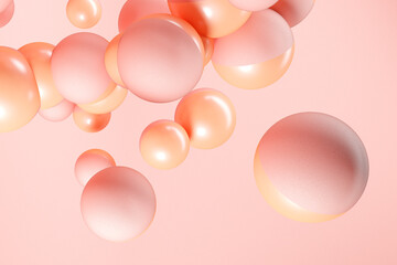 Three dimensional render of pink and orange spheres floating against pink background