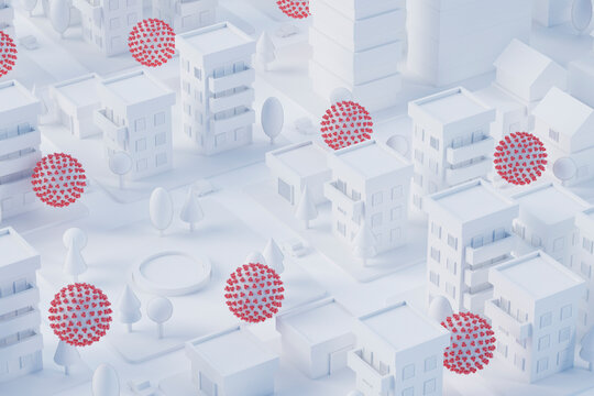 Three dimensional render of COVID-19 cells spreading across low poly city