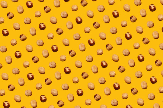 Imperfect organic roasted hazelnuts in rows against yellow background