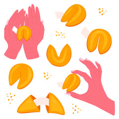 Flat vector cartoon cookie set with prediction. Cookies in different angles or in hands. Isolated design on a white background.