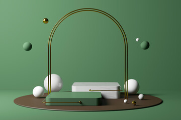 Three dimensional render of arch stretching over two empty pedestals with various spheres floating behind against green background