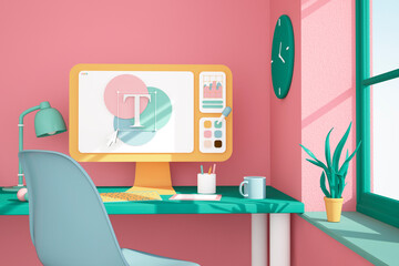 Three dimensional render of desk with computer monitor displaying graphic editing program