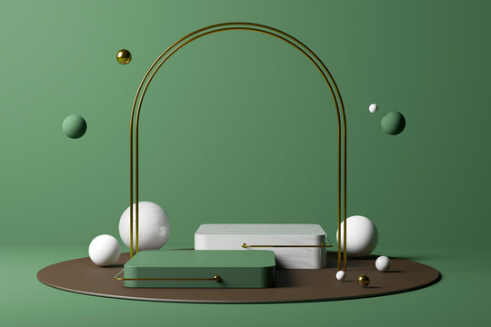 Three dimensional render of arch stretching over two empty pedestals with various spheres floating behind against green background