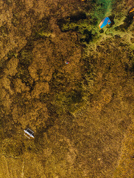 Drone view of person kitesurfing in brown transparent reef of Philippine Sea