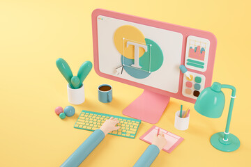 Cartoon hands writing while working on computer by electric lamp