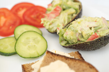 Vegetables Tomatoes Cucumbers Avocado Egg Salad Serving White Plate Morning Breakfast Proper nutrition