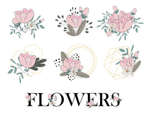 Fototapeta premium set of elements with flowers on a white background. pink peonies for design of invitations, business cards, postcards. prints for clothes