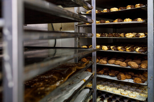 Storage compartment with pastry items in bakery