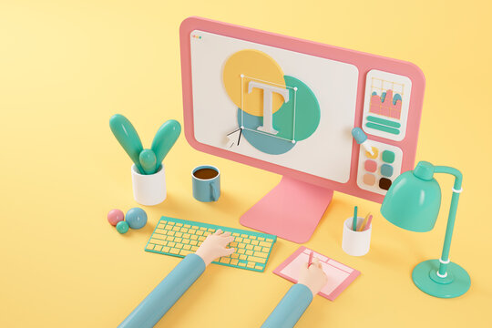 Cartoon hands writing while working on computer by electric lamp