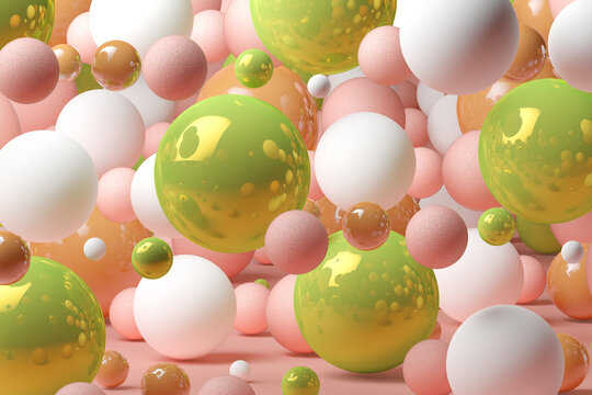 Three dimensional render of various spheres floating against pink background