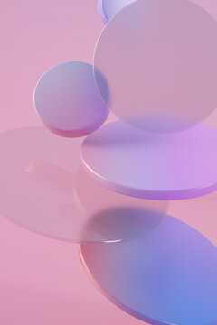 Three dimensional render of purple rings floating against pink background