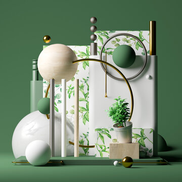 Fototapeta Three dimensional render of pedestal with potted plant, various spheres, tubes and decorative wallpapers with green leaves