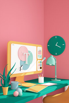 Three dimensional render of desk with computer monitor displaying graphic editing program