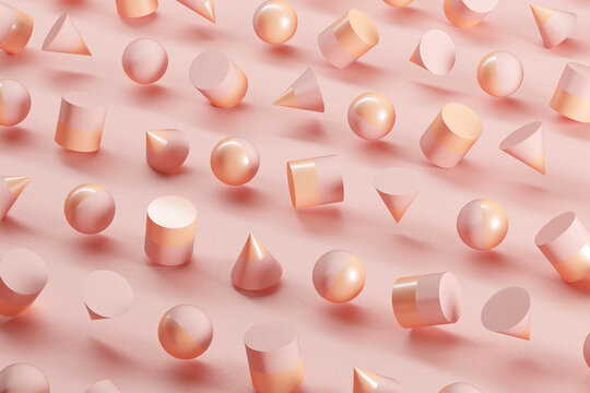 Three dimensional pattern of spheres, cones and cylinders floating against pink background