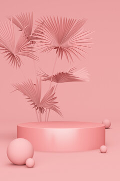 Pink render of empty pedestal, palm tree and few spheres