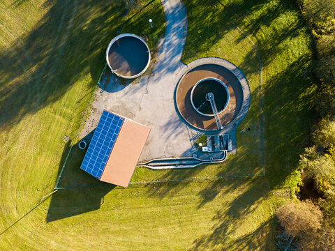 Aerial view of a wastewater treatment plant in autumn, Bavaria, Germany