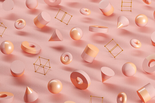 Three dimensional pattern of spheres, cones, rings, cubes and cylinders floating against pink background