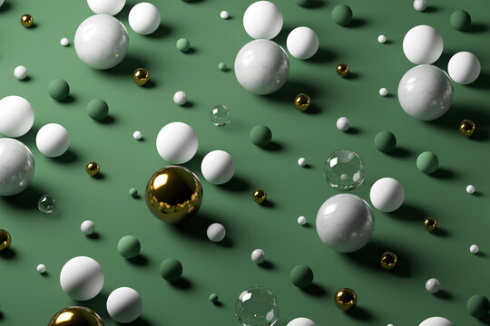 Gold, Glass, Marble Spheres Against Pastel Green Background
