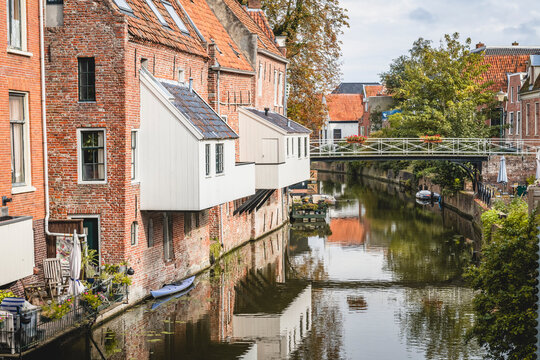 Netherlands, Groningen Province, Appingedam, Hanging kitchens over Damsterdiep canal