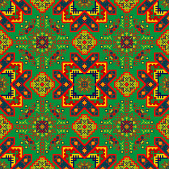 Decorative seamless backgrounds, tribal texture. Simmetric fabric print. Vector elaborated illustration in the style of folk embroidery whith symbols of love and fertility.
