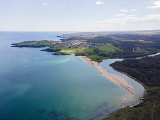 Aerial view of beach at the mouth of the Veleka River, Bulgaria