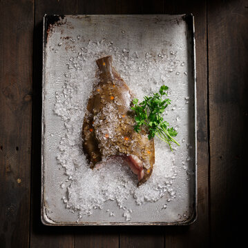 Studio shot of raw half eaten plaice lying on tray with crushed ice
