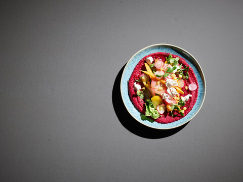 Plate of beetroot puree with pumpkin seeds, goat cheese, radishes and lettuce