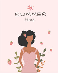 vector summer illustration with woman. poster for the design of business cards, posters