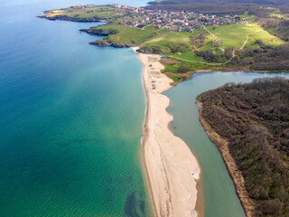 Aerial view of beach at the mouth of the Veleka River, Bulgaria