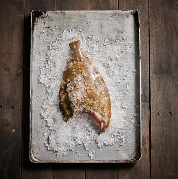 Studio shot of raw half eaten plaice lying on tray with crushed ice