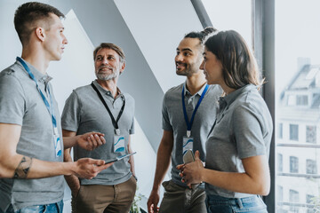 Smiling male and female professionals looking at colleague holding digital tablet during conference