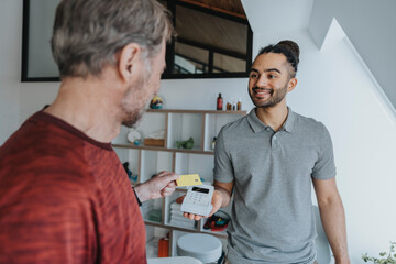 Smiling physiotherapist holding credit card reader in medical practice