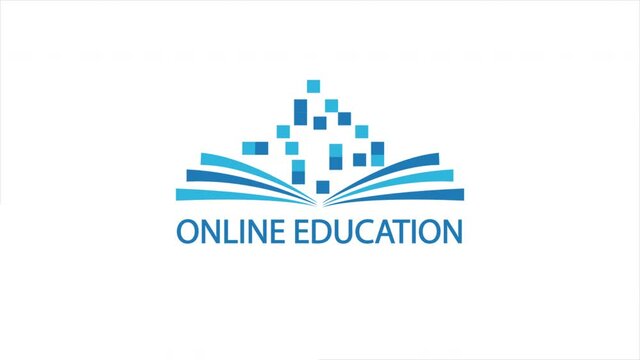 Open book logo and virtual pixels online learning concept, art video illustration.