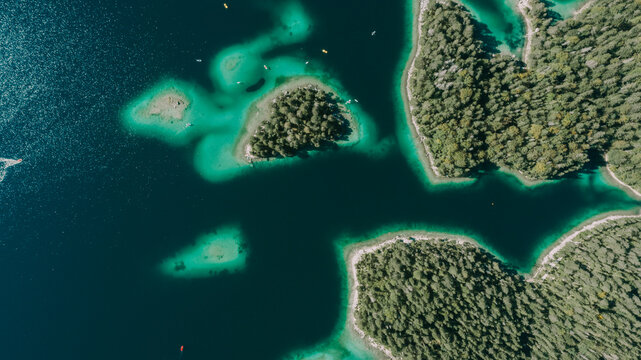 Eibsee island seen from above, Bavaria, Germany