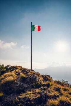 Italy, Lombardy, Italian flag on top of Monte Legnoncino