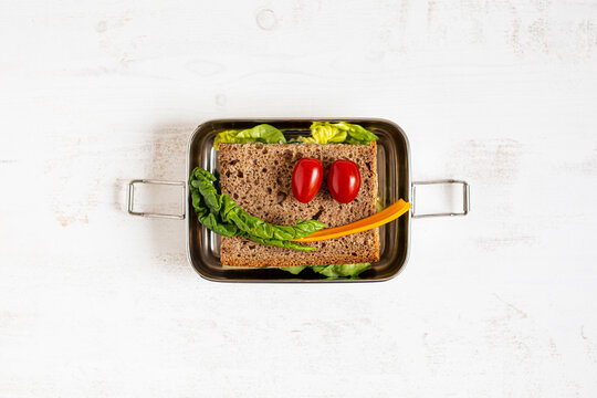 Vegetable with sandwich on stainless steel lunch box