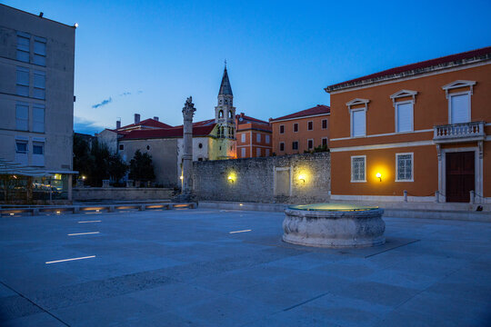 Croatia, Zadar County, Zadar, Empty town square with Roman forum at dusk
